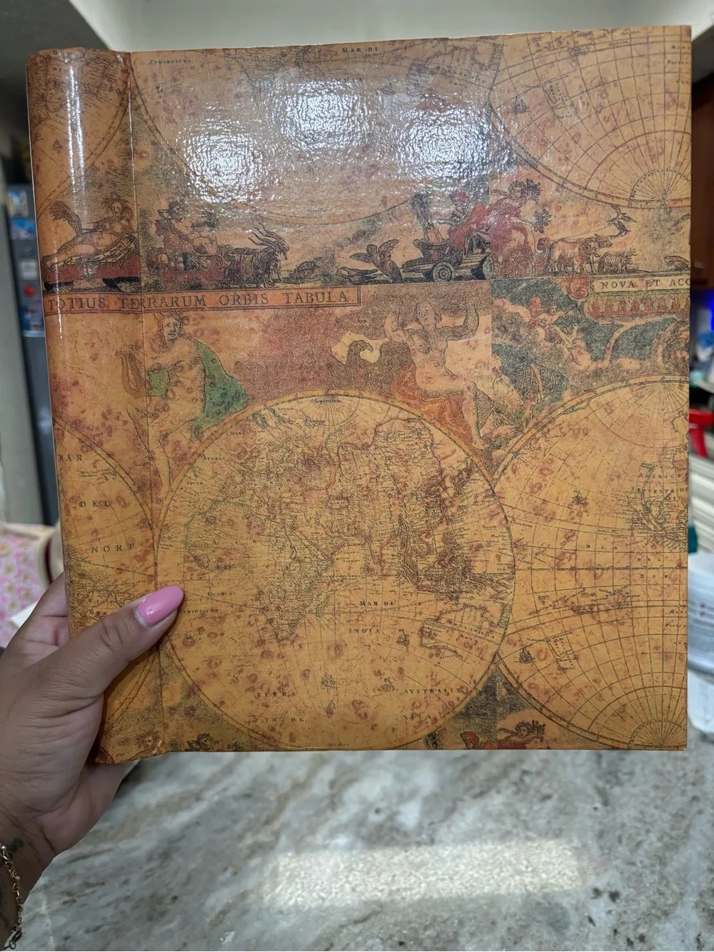 Vintage Map Pattern Hardcover Photo Album in Warm Tan and Brown
